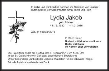 Traueranzeige von Lydia Jakob von Frankenpost