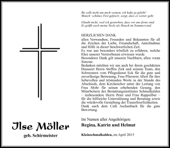 Traueranzeige von Ilse Möller von Südthüringer Presse