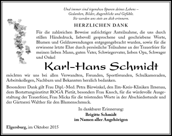 Traueranzeige von Karl-Hans Schmidt von Südthüringer Presse