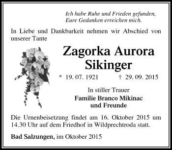 Traueranzeige von Zagorka Aurora Sickinger von Südthüringer Presse