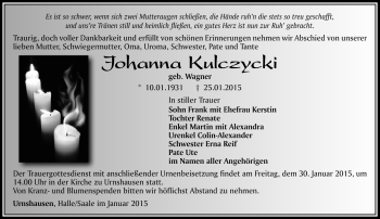 Traueranzeige von Johanna Kulczycki von Südthüringer Presse