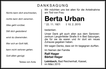Traueranzeige von Berta Urban von Südthüringer Presse