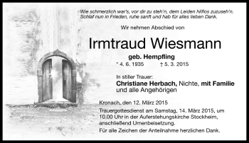Traueranzeige von Irmtraud Wiesmann von Neue Presse Coburg