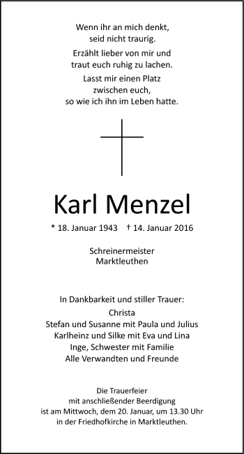 Traueranzeige von Karl Menzel von Frankenpost