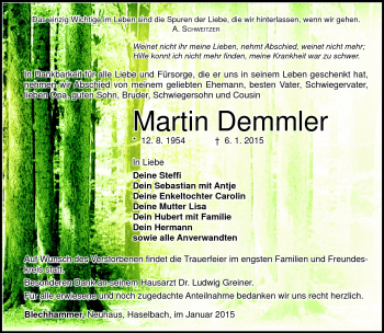 Traueranzeige von Martin Demmler von Südthüringer Presse