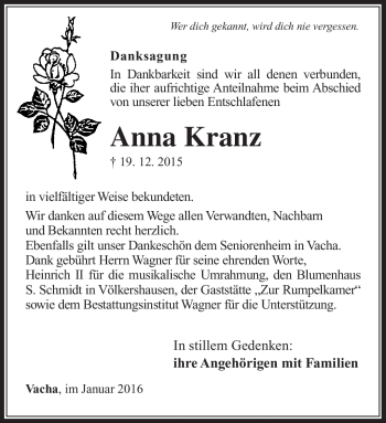 Traueranzeige von Anna Kranz von Südthüringer Presse