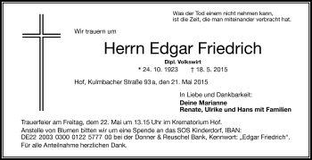 Traueranzeige von Edgar Friedrich von Frankenpost
