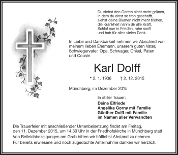 Traueranzeige von Karl Dolff von Frankenpost