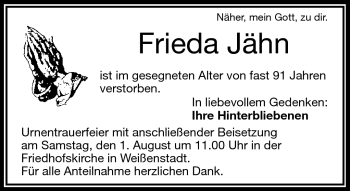 Traueranzeige von Frieda Jähn von Frankenpost