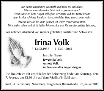 Traueranzeige von Irina Volk von Südthüringer Presse