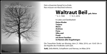 Traueranzeige von Waltraut Beil von Südthüringer Presse
