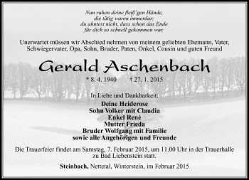 Traueranzeige von Gerald Aschenbach von Südthüringer Presse