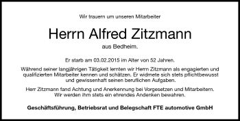 Traueranzeige von Alfred Zitzmann von Neue Presse Coburg