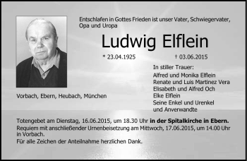 Traueranzeige von Ludwig Elflein von Neue Presse Coburg