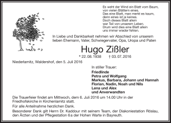 Traueranzeige von Hugo Zißler von Frankenpost