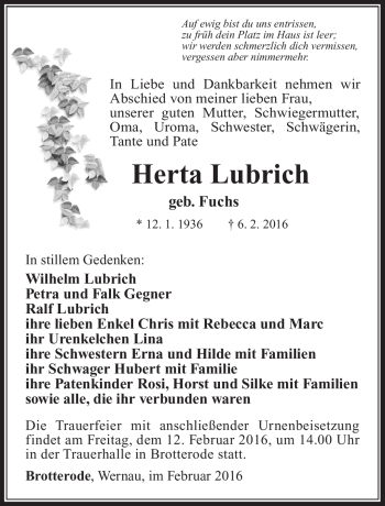 Traueranzeige von Herta Lubrich von Südthüringer Presse