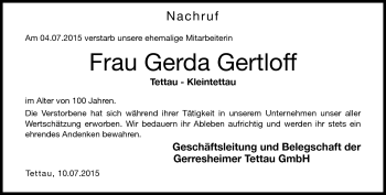 Traueranzeige von Gerda Gertloff von Neue Presse Coburg