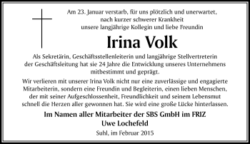 Traueranzeige von Irina Volk von Südthüringer Presse