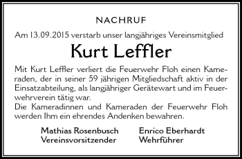 Traueranzeige von Kurt Leffler von Südthüringer Presse