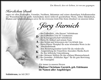 Traueranzeige von Jörg Garnich von Südthüringer Presse