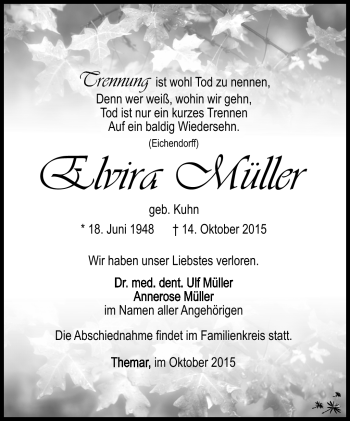Traueranzeige von Elvira Müller von Südthüringer Presse