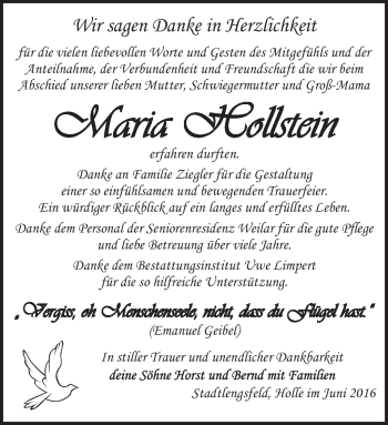 Traueranzeige von Maria Hollstein von Südthüringer Presse
