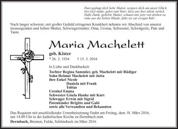 Traueranzeige von Maria Machelett von Südthüringer Presse