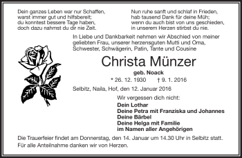Traueranzeige von Christa Münzer von Frankenpost