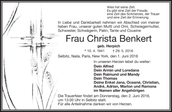 Traueranzeige von Christa Benkert von Frankenpost