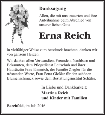 Traueranzeige von Erna Reich von Südthüringer Presse