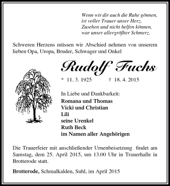 Traueranzeige von Rudolf Fuchs von Südthüringer Presse