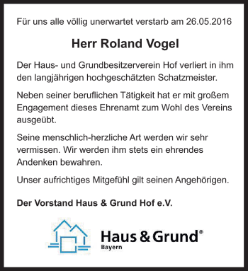 Traueranzeige von Roland Vogel von Frankenpost
