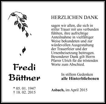 Traueranzeige von Fredi Büttner von Südthüringer Presse