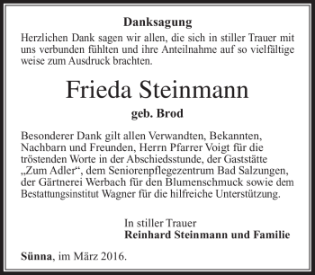 Traueranzeige von Frieda Steinmann von Südthüringer Presse