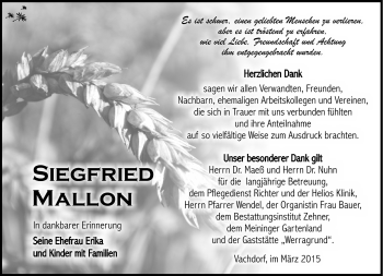 Traueranzeige von Siegfried Mallon von Südthüringer Presse