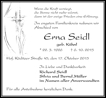 Traueranzeige von Erna Seidl von Frankenpost
