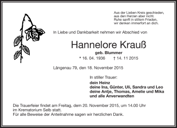 Traueranzeige von Hannelore Krauß von Frankenpost