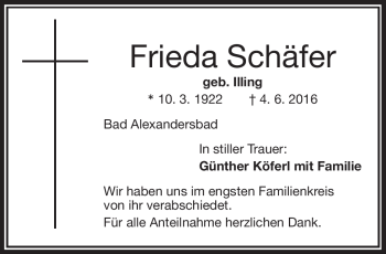 Traueranzeige von Frieda Schäfer von Frankenpost