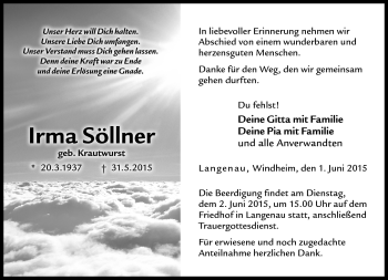 Traueranzeige von Irma Söllner von Neue Presse Coburg