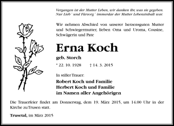 Traueranzeige von Erna Koch von Südthüringer Presse