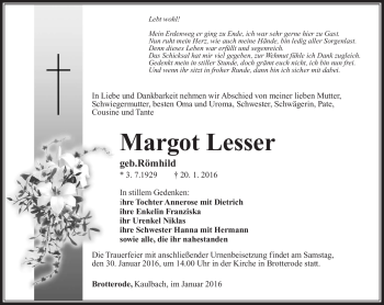 Traueranzeige von Margot Lesser von Südthüringer Presse