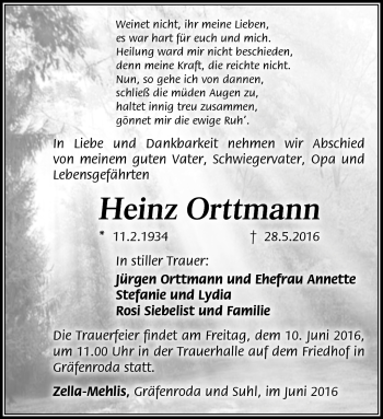 Traueranzeige von Heinz Orttmann von Südthüringer Presse