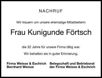 Traueranzeige von Kunigunde Förtsch von Neue Presse Coburg