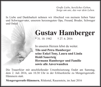 Traueranzeige von Gustav Hamberger von Südthüringer Presse