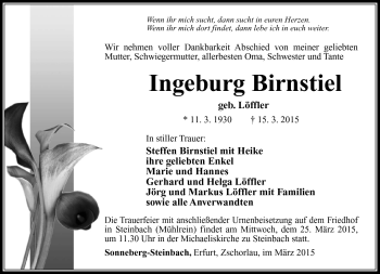 Traueranzeige von Ingeburg Birnstiel von Südthüringer Presse