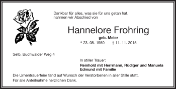 Traueranzeige von Hannelore Frohring von Frankenpost