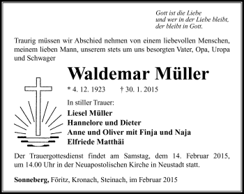 Traueranzeige von Waldemar Müller von Südthüringer Presse