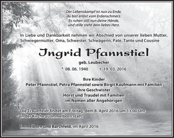 Traueranzeige von Ingrid Pfannstiel von Südthüringer Presse