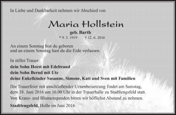 Traueranzeige von Maria Hollstein von Südthüringer Presse