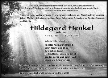 Traueranzeige von Hildegard Henkel von Südthüringer Presse
